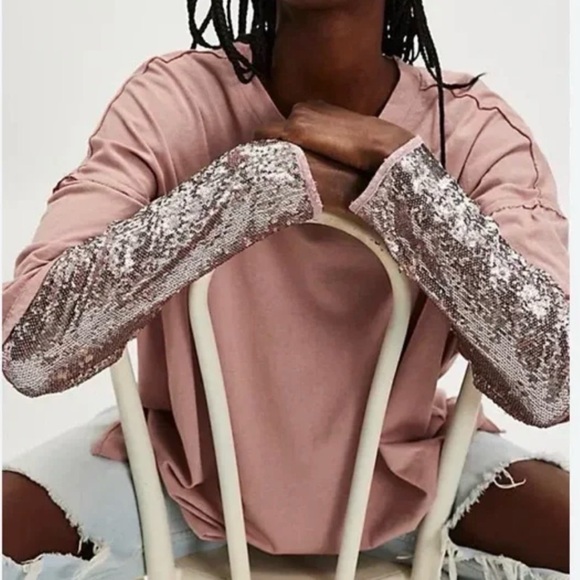 Free People Blush Pink Top with Silver Sequin Sleeves - Picture 3 of 3